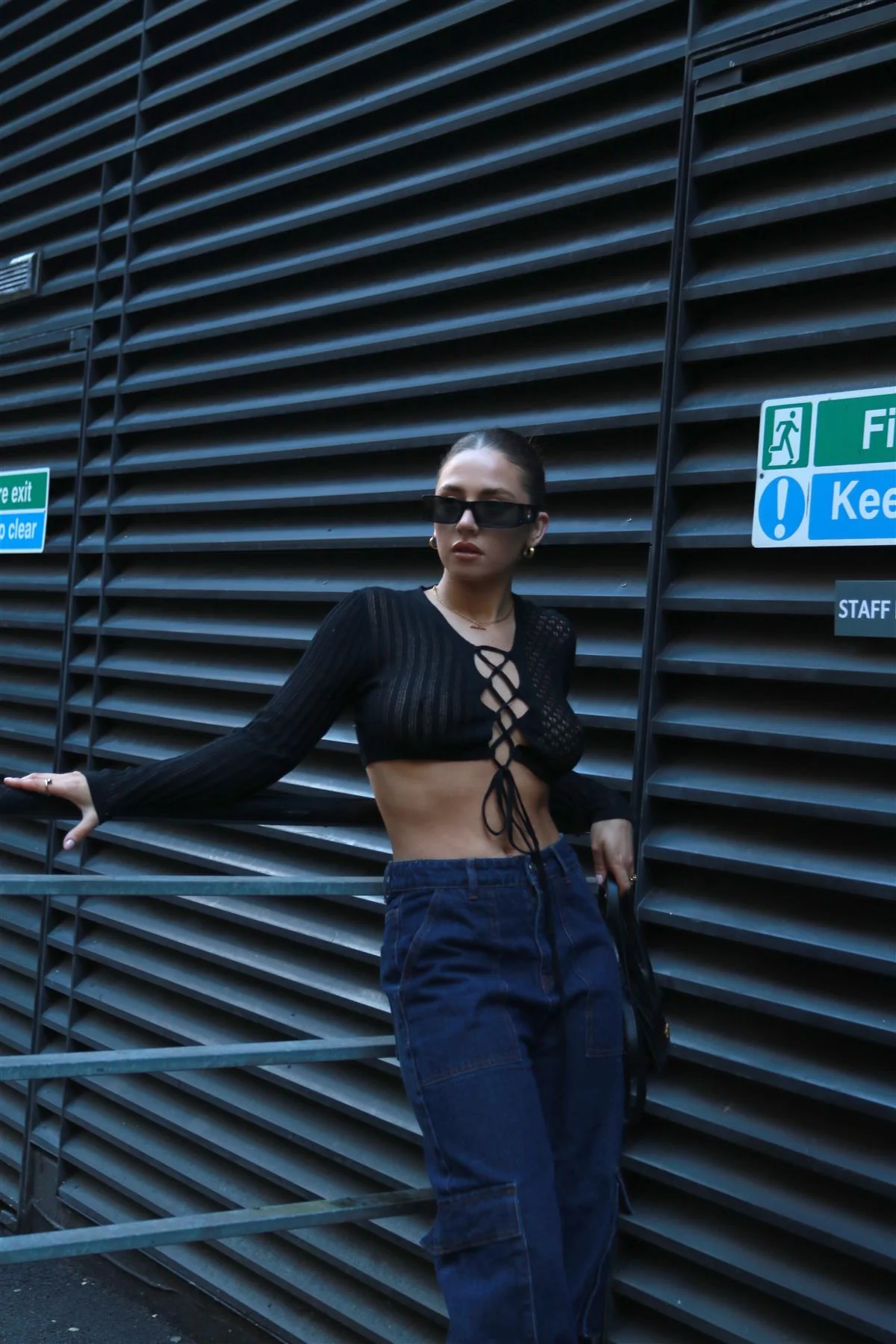 Black Lace-Up Mixed-Knit Crop-Top - Image 3