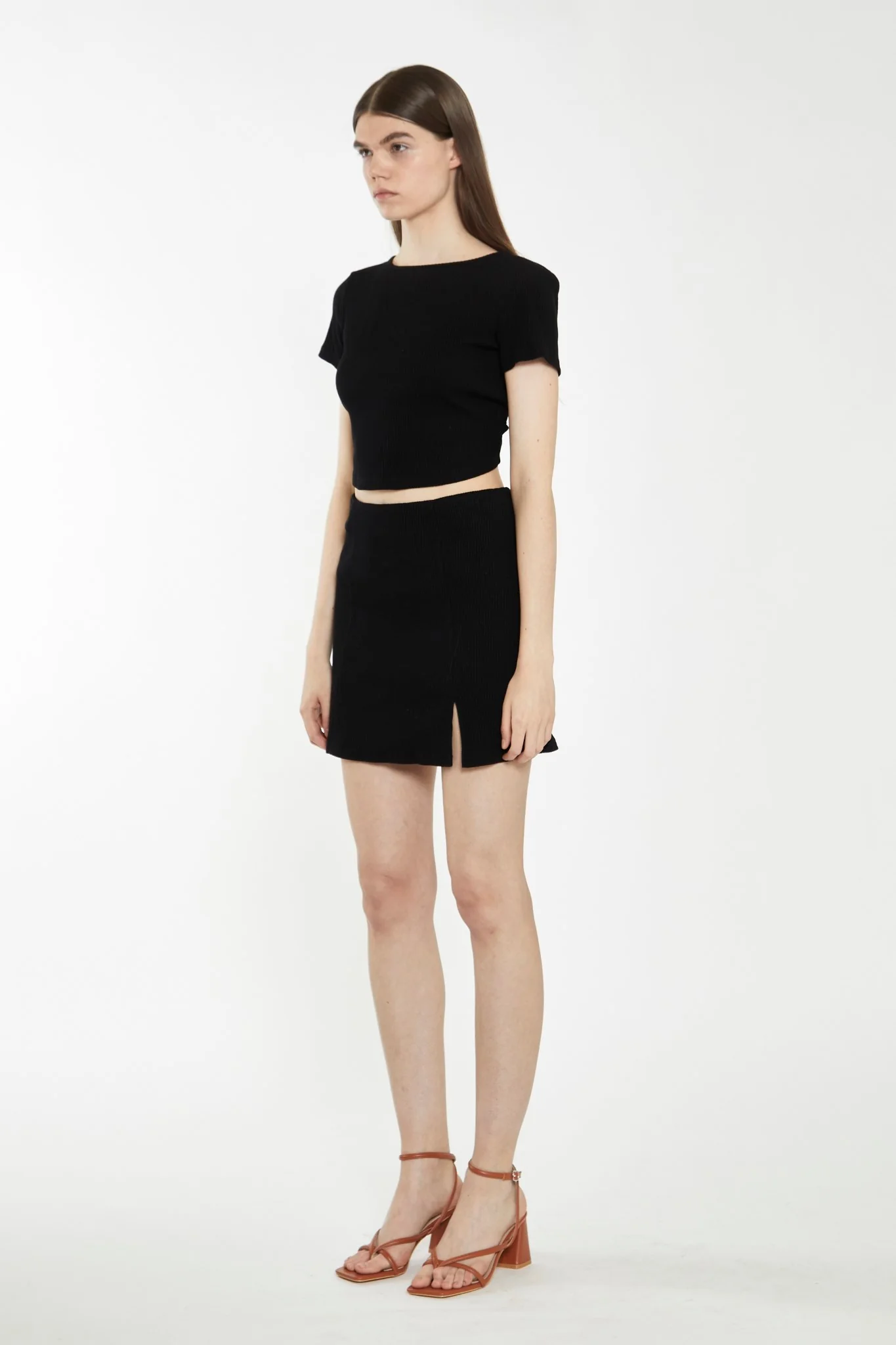 Black Rib Side Split Miniskirt - Image 3