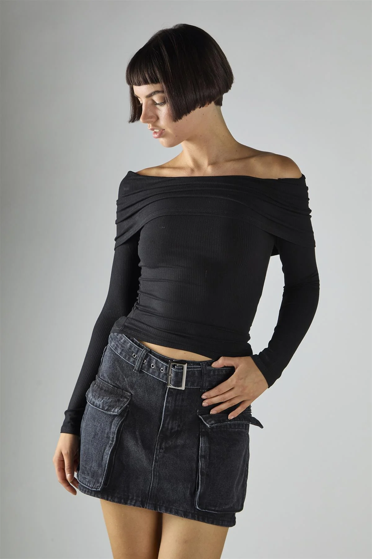 Black Ribbed-Off-Shoulder-Double-Layer Long Sleeve-Top - Image 3