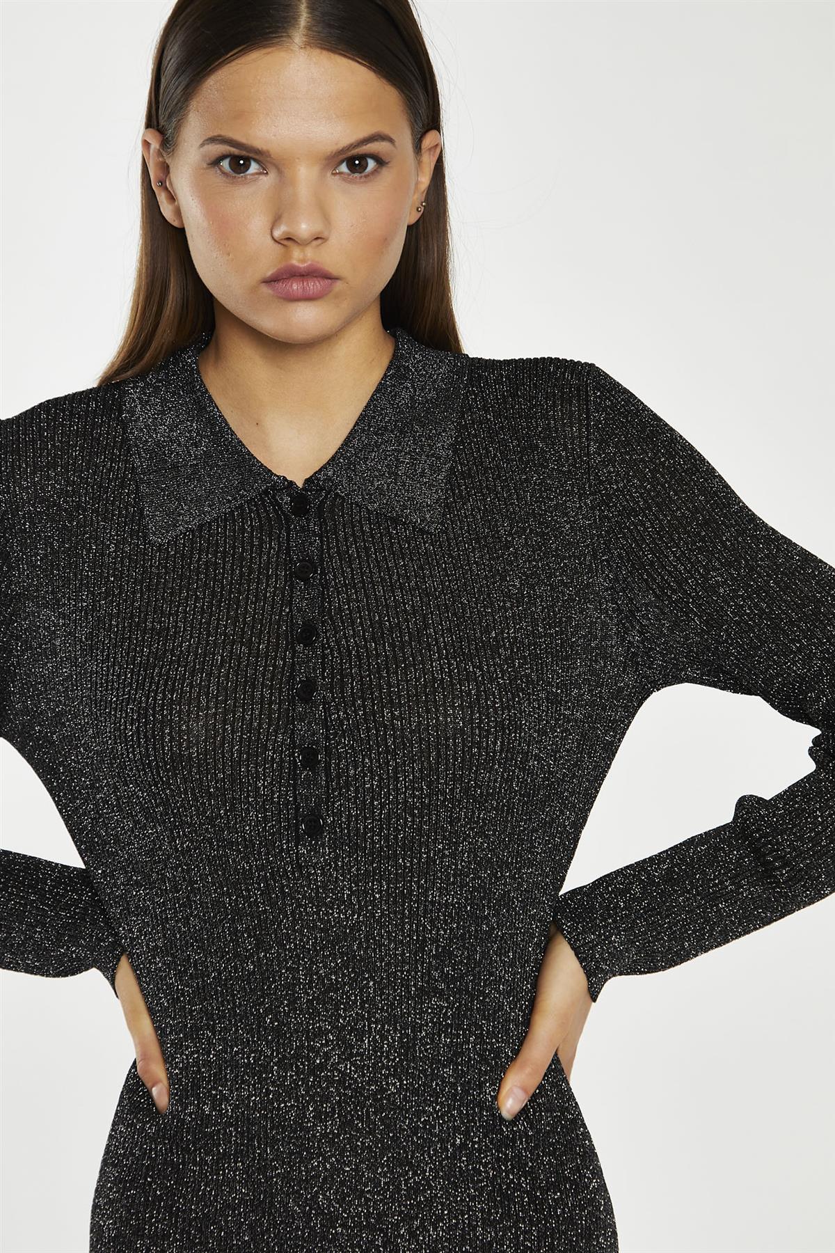 Black-Silver Rib Button-Up Collar Mini-Dress - Image 3