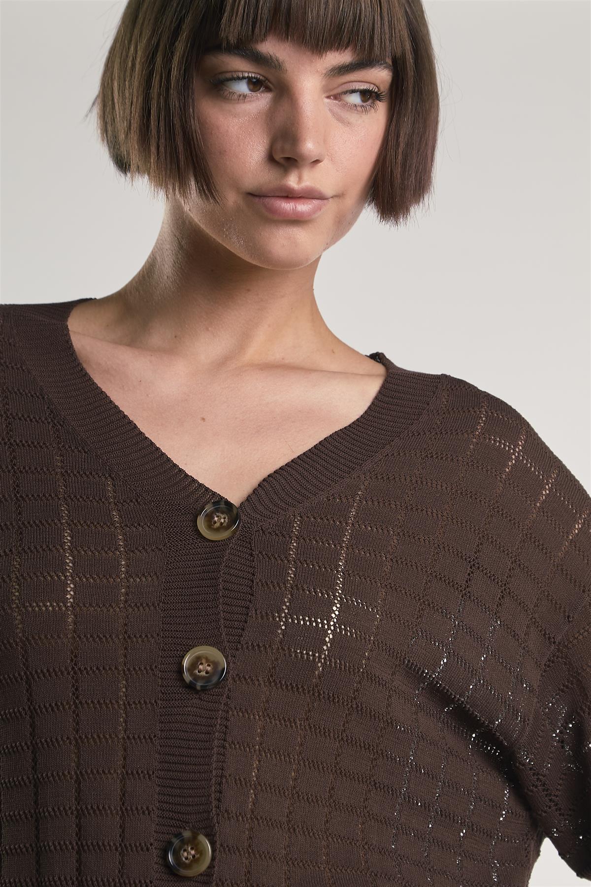 Brown V-Neck Button Knit Shirt - Image 3