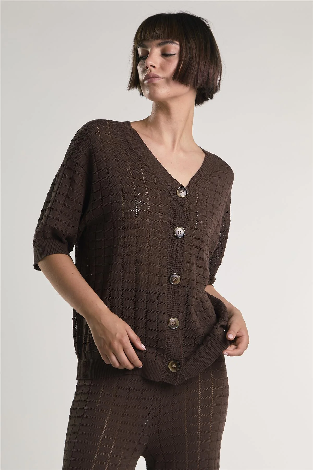 Brown V-Neck Button Knit Shirt - Image 4