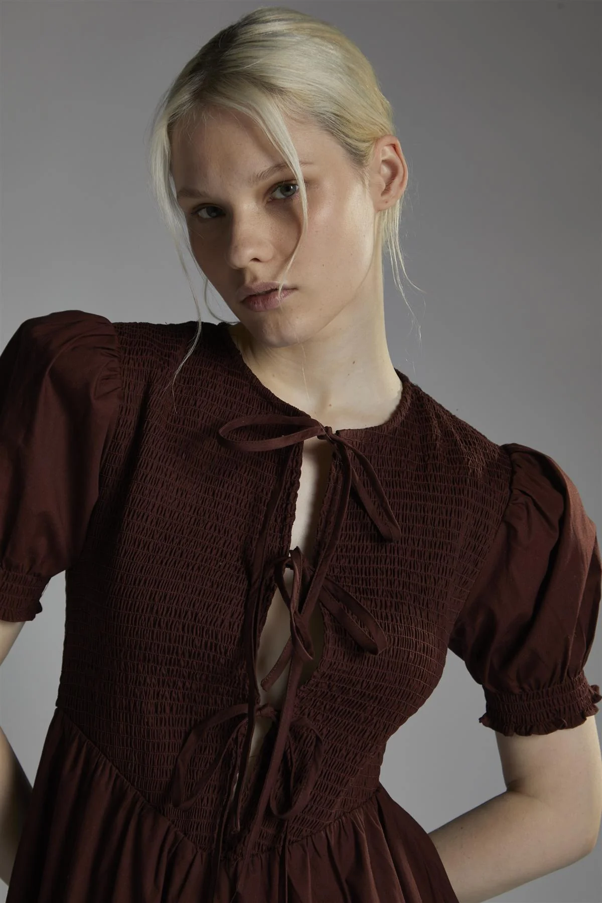 Burgundy Short-Puff-Sleeve-Tie-Front Maxi-Dress - Image 3