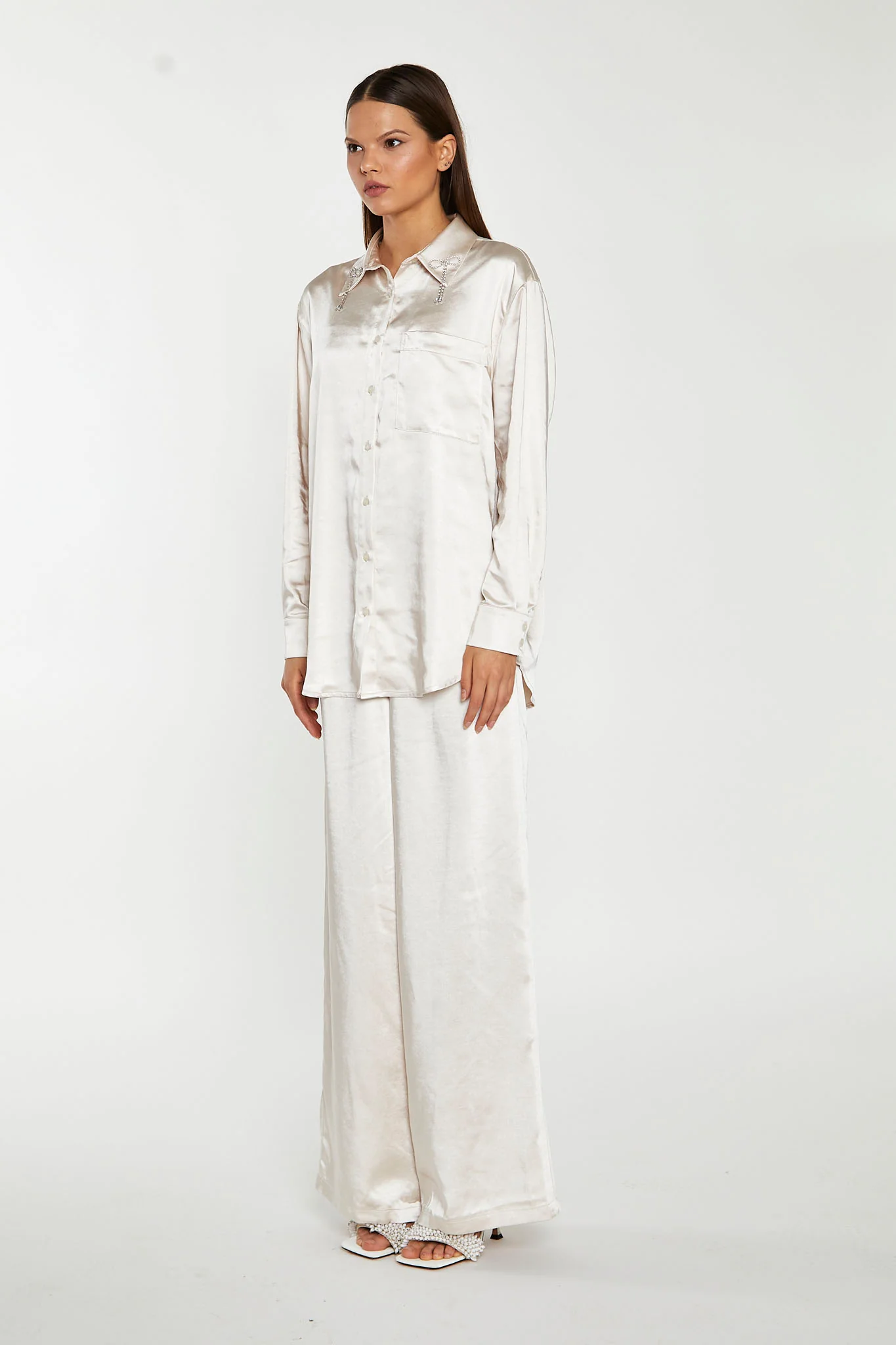Champagne-Satin Diamante-Bow Shirt - Image 4