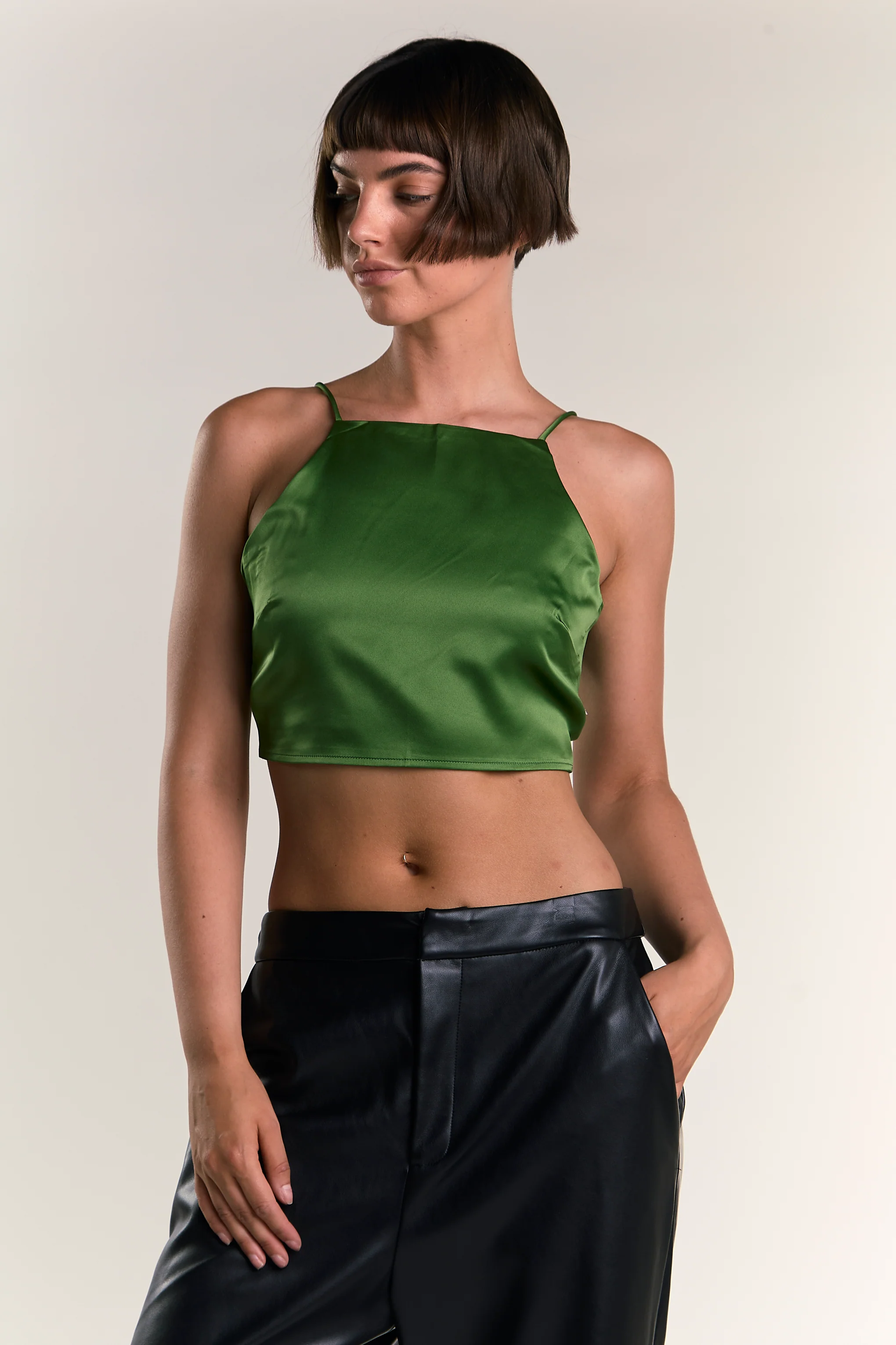 Glamorous Dark Green Satin Back Tie Crop Top - Image 3
