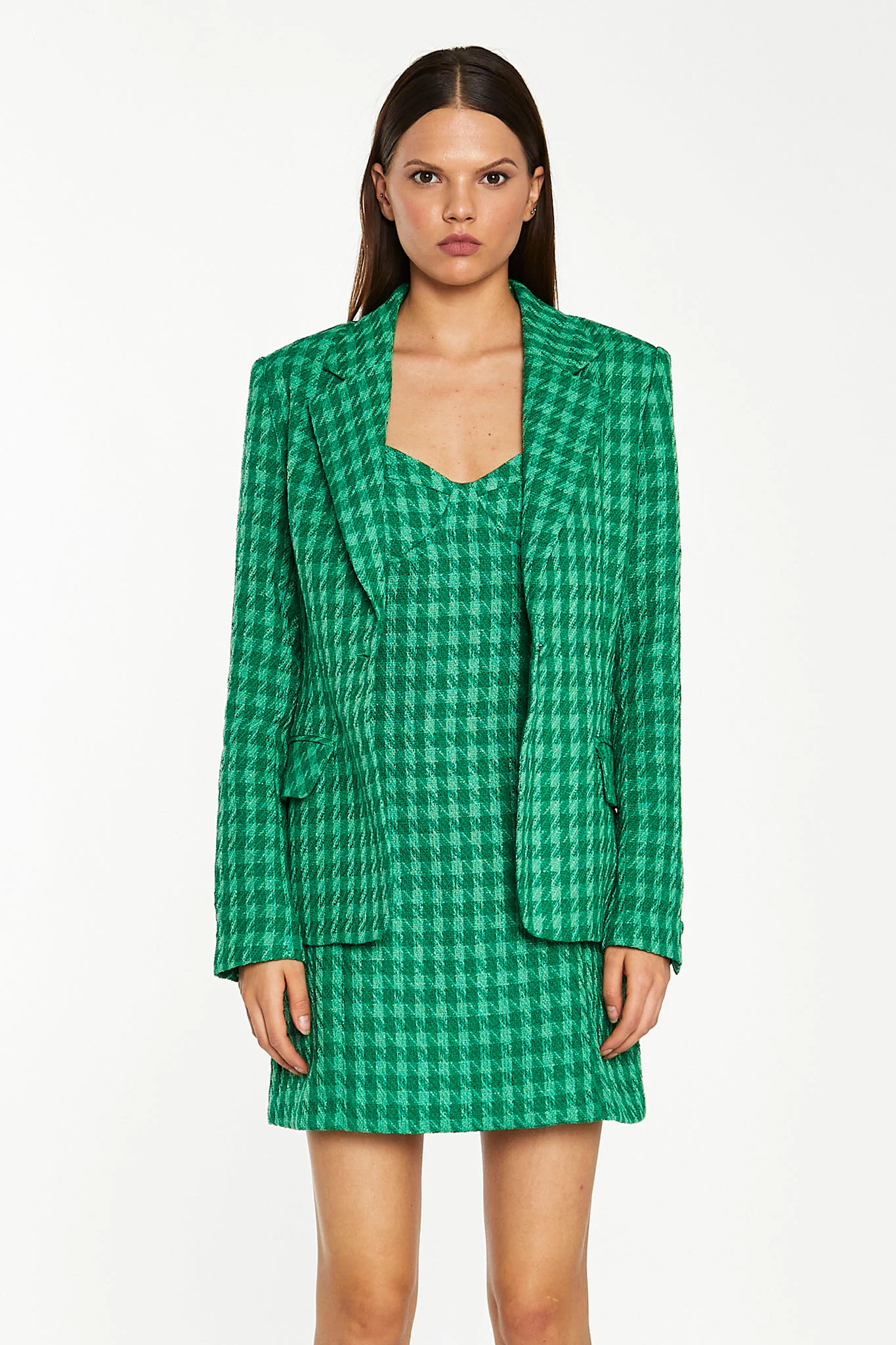 Green Tonal Houndstooth Fitted Blazer - Image 3
