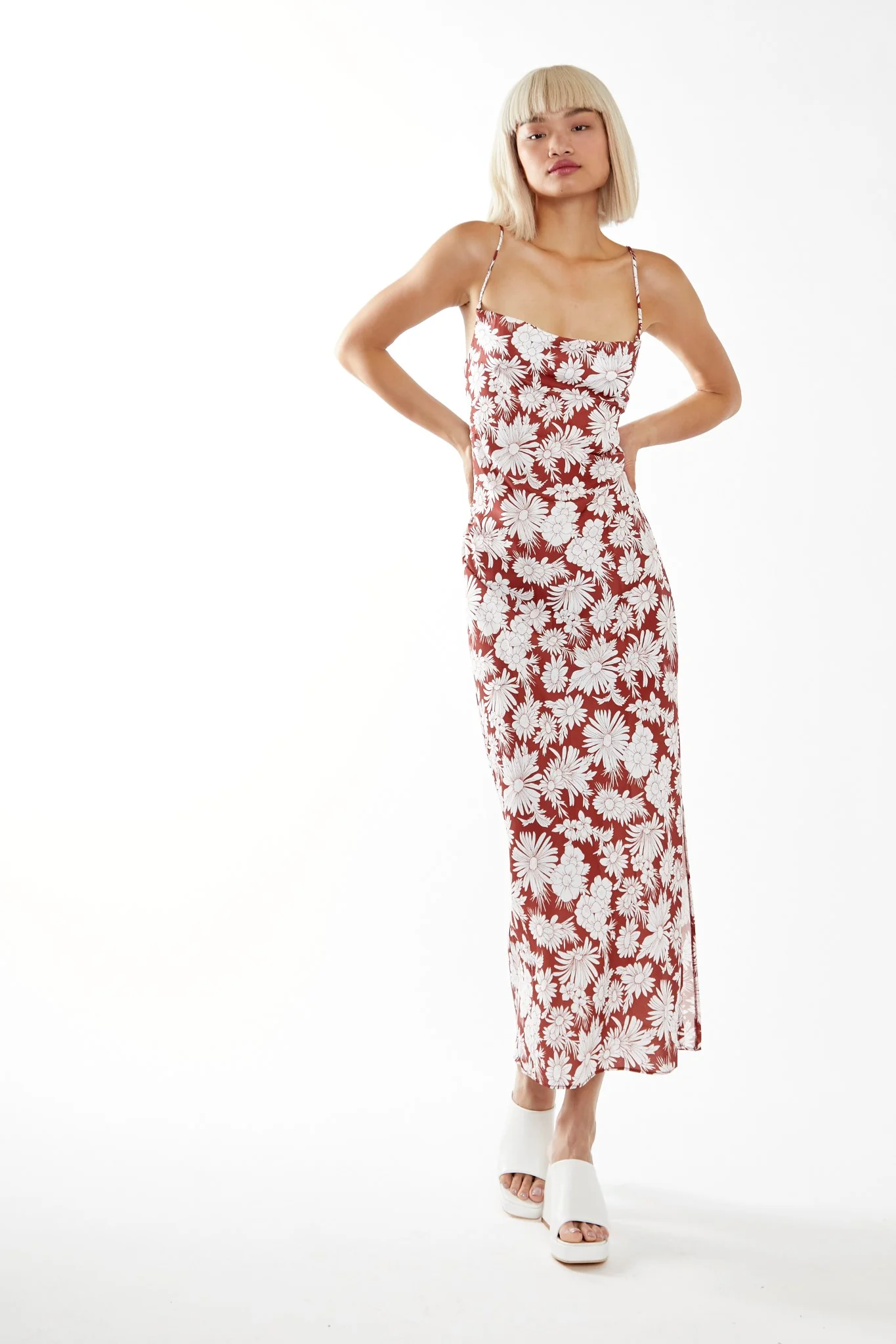 Brown Resort-Floral Cowl-Neck Strappy Midi-dress - Image 3