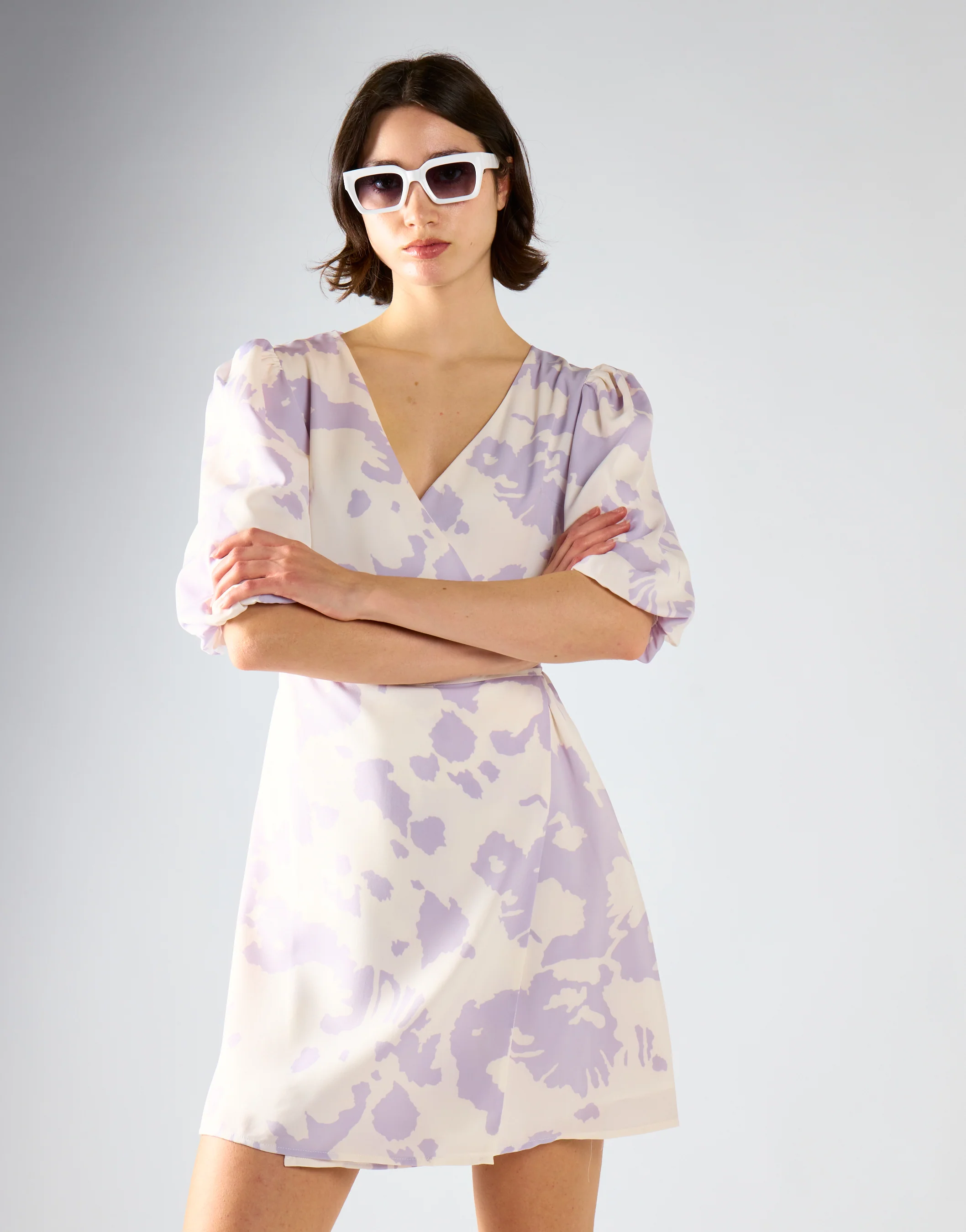 Glamorous Misty Lilac Abstract Tie Waist Dress - Image 3