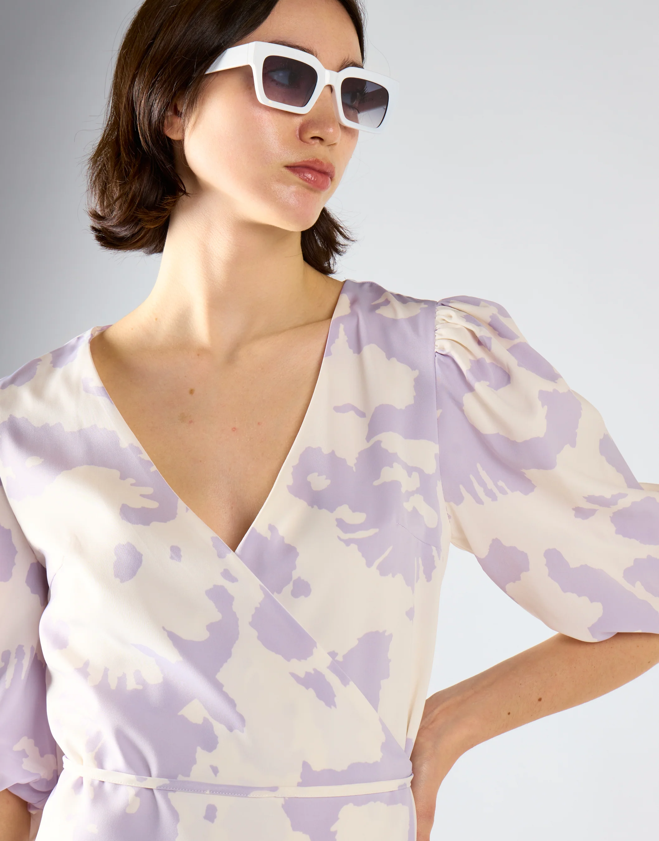 Glamorous Misty Lilac Abstract Tie Waist Dress - Image 4