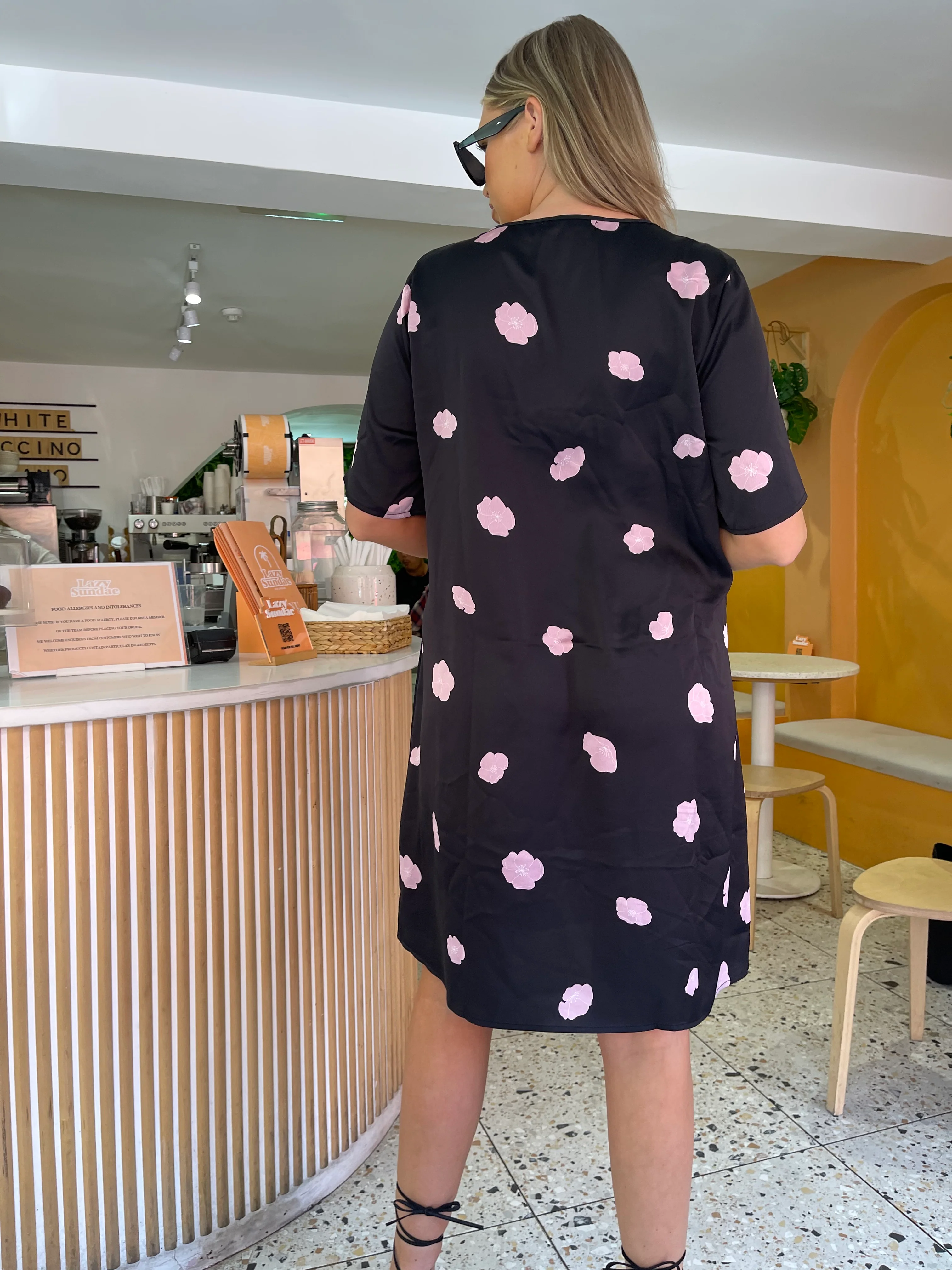 Black Floral Satin T-Shirt Mini-Dress - Image 3