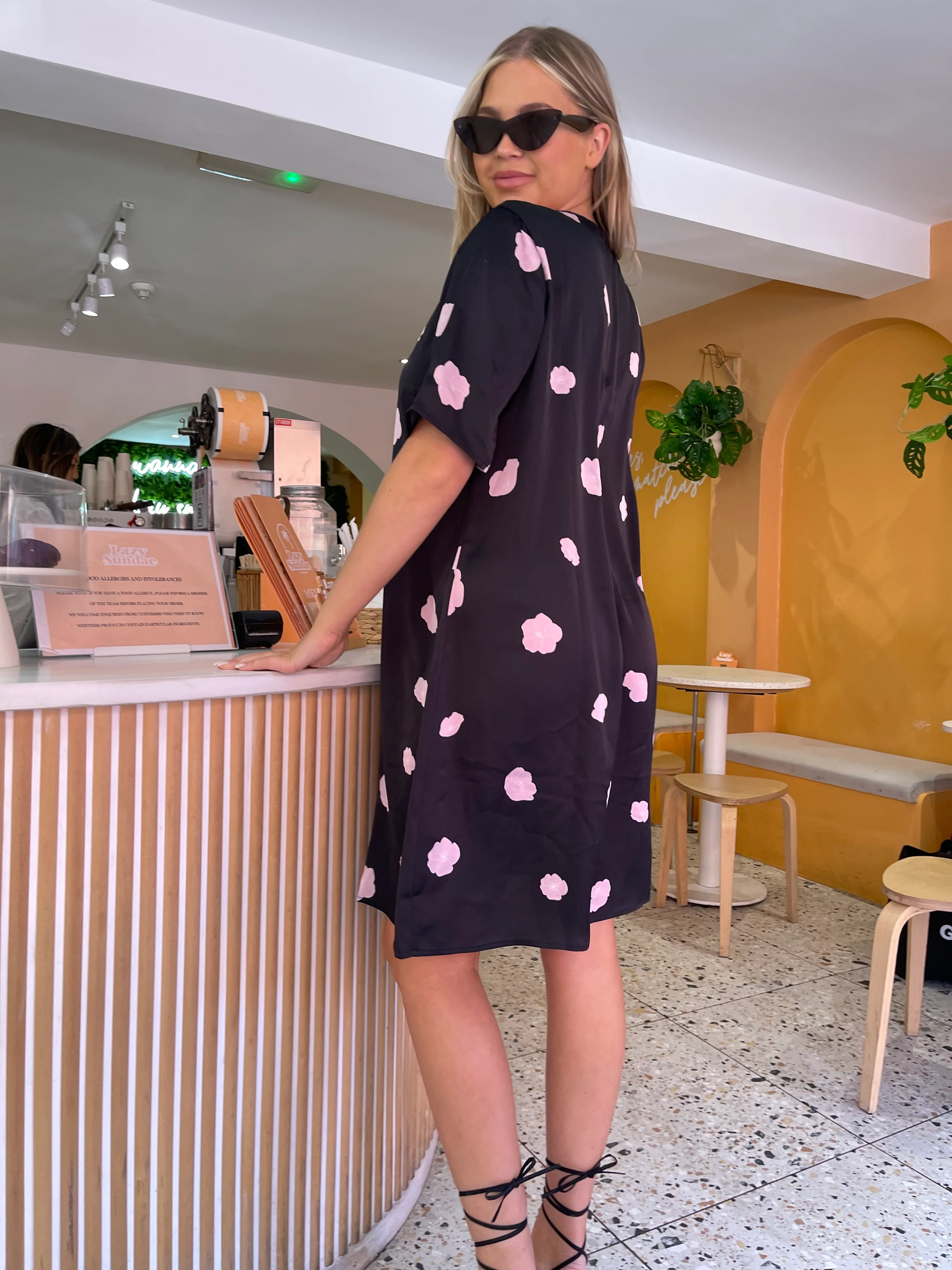 Black Floral Satin T-Shirt Mini-Dress - Image 4