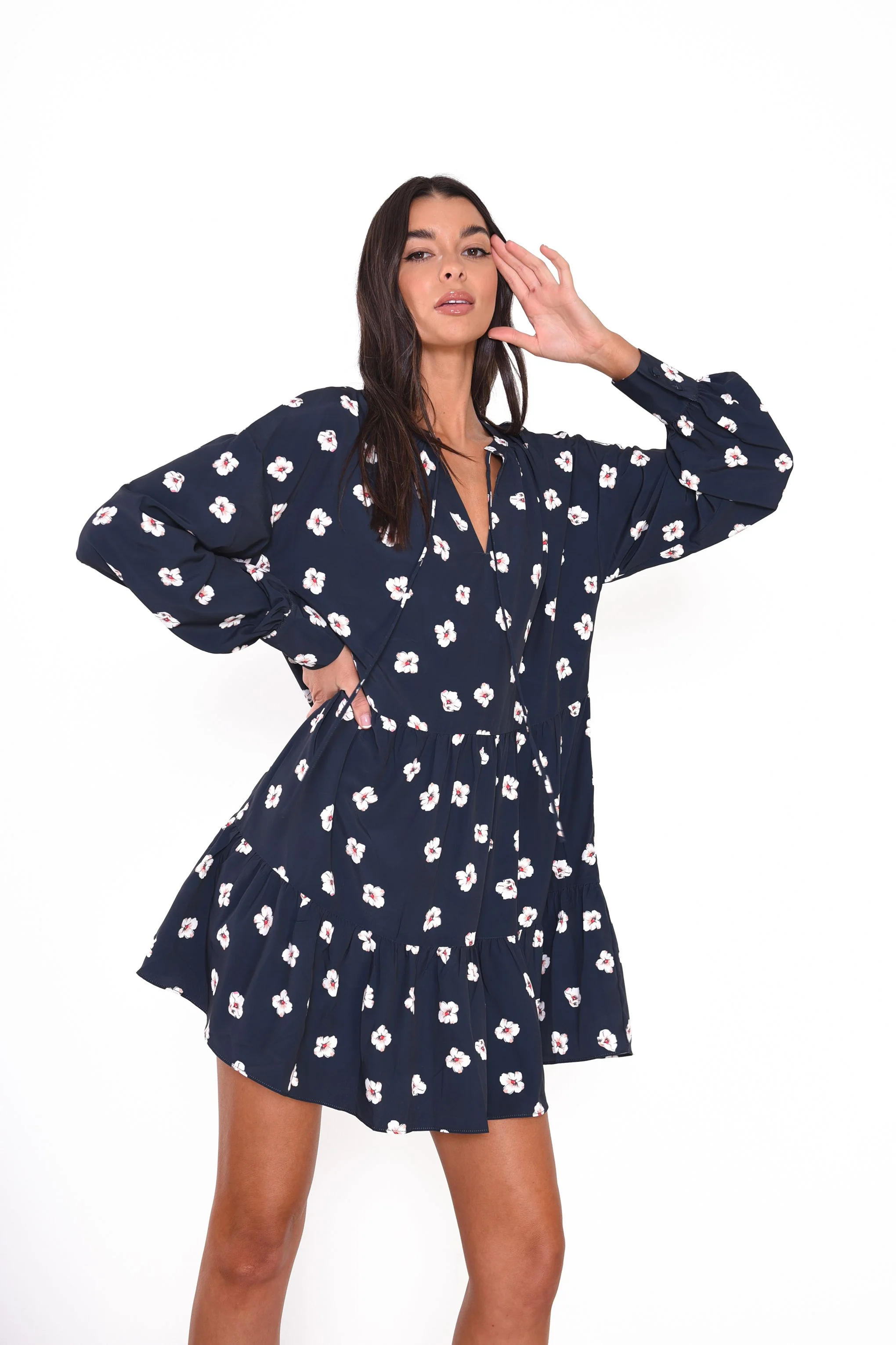 Glamorous Navy Hibiscus Pattern Shift Mini Dress - Image 3