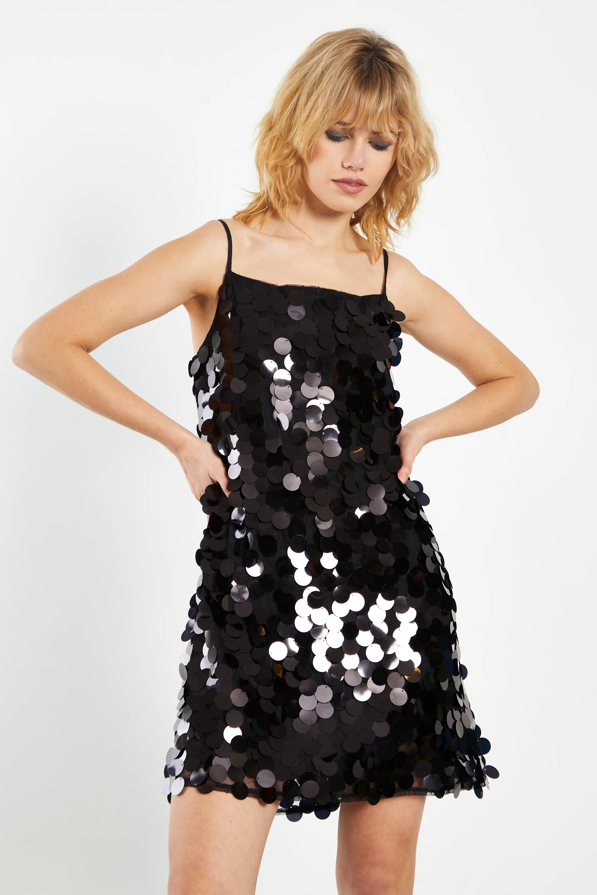 Glamorous Black Statement Sequin Strappy A-Line Mini Dress - Image 3