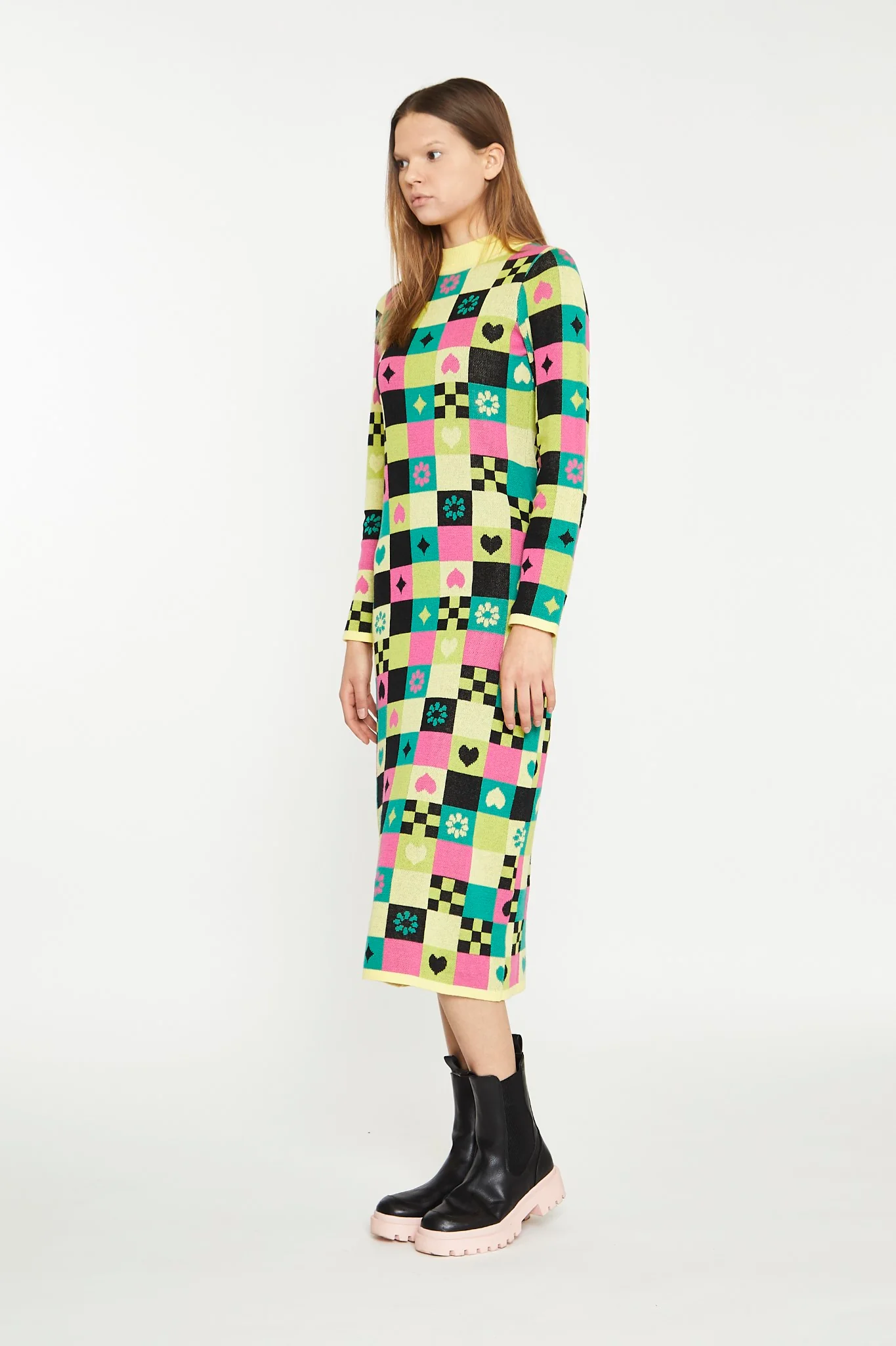 Yellow Green Multi Tile Knitted Midi Dress - Image 3
