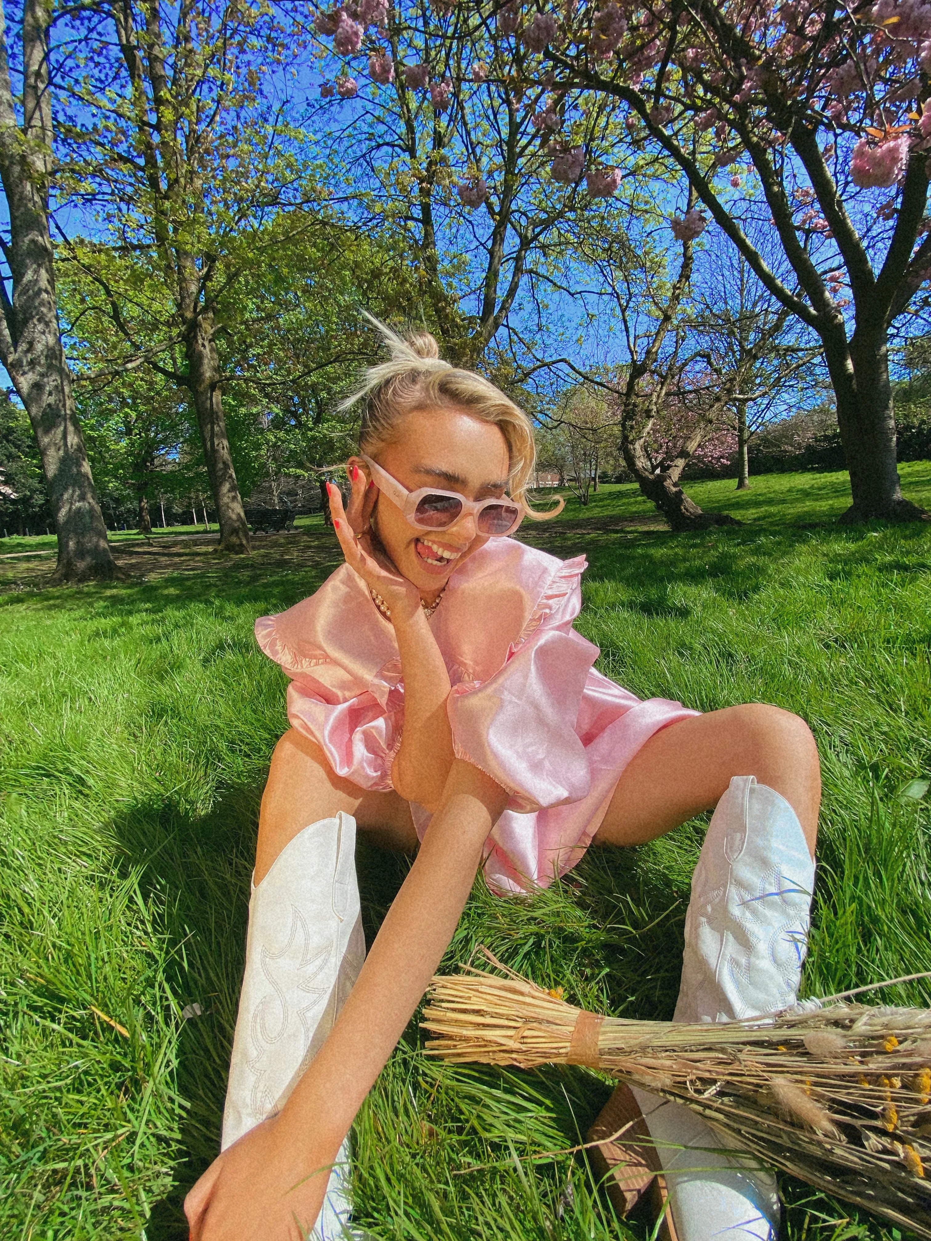 Glamorous Soft Pink Satin Statement Collar Mini Dress with Voluminous Sleeves - Image 3