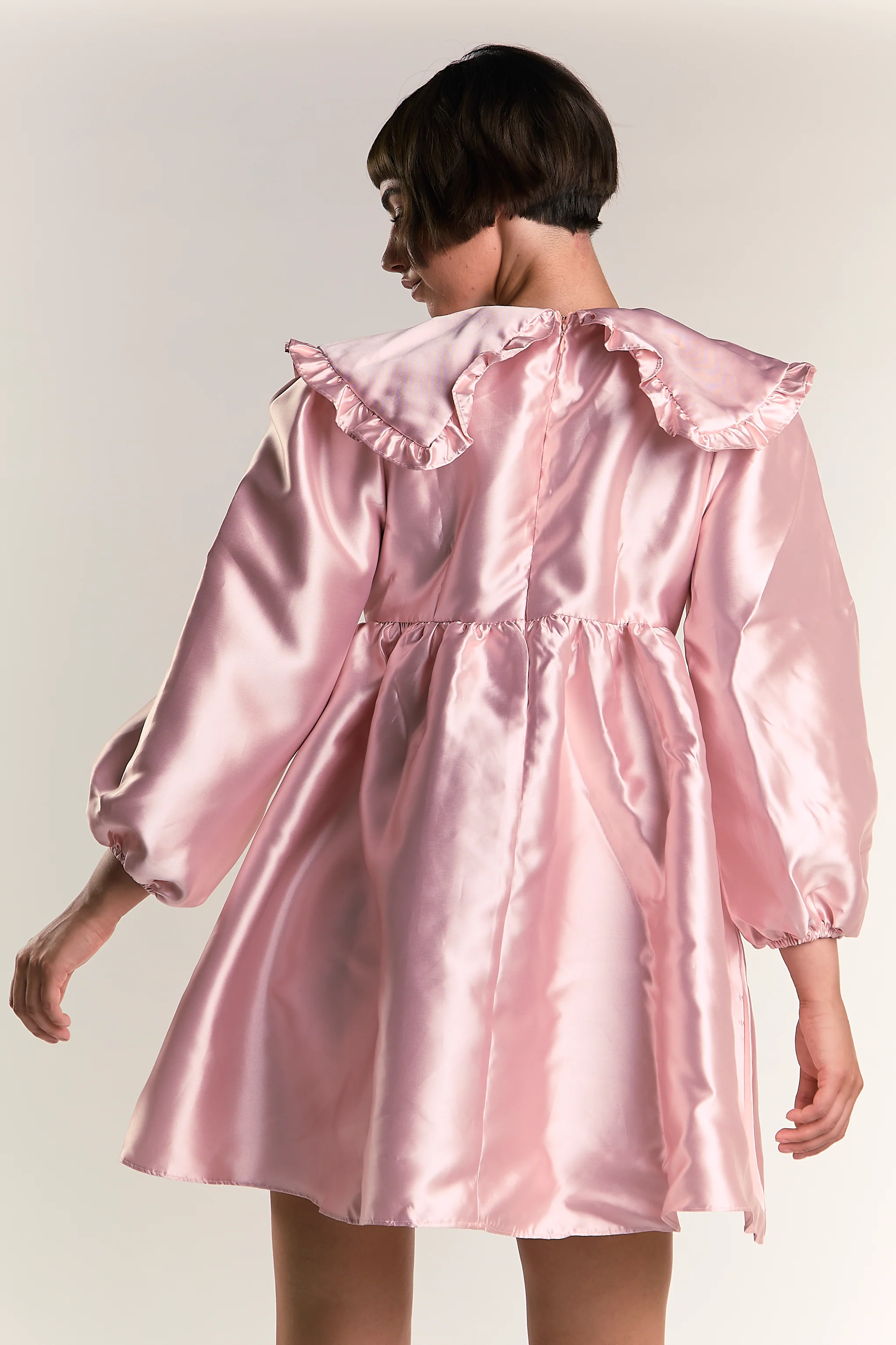 Glamorous Soft Pink Satin Statement Collar Mini Dress with Voluminous Sleeves - Image 5
