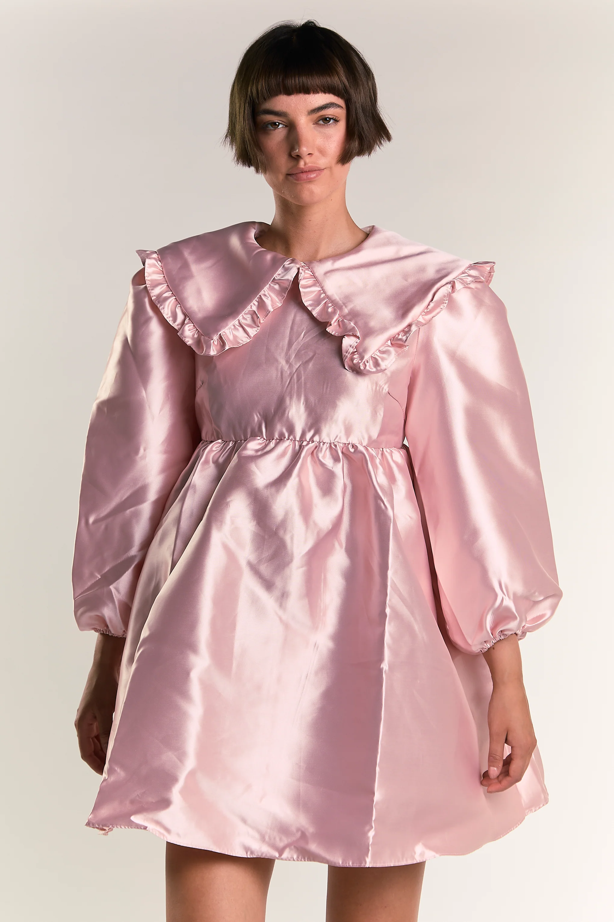 Glamorous Soft Pink Satin Statement Collar Mini Dress with Voluminous Sleeves - Image 6