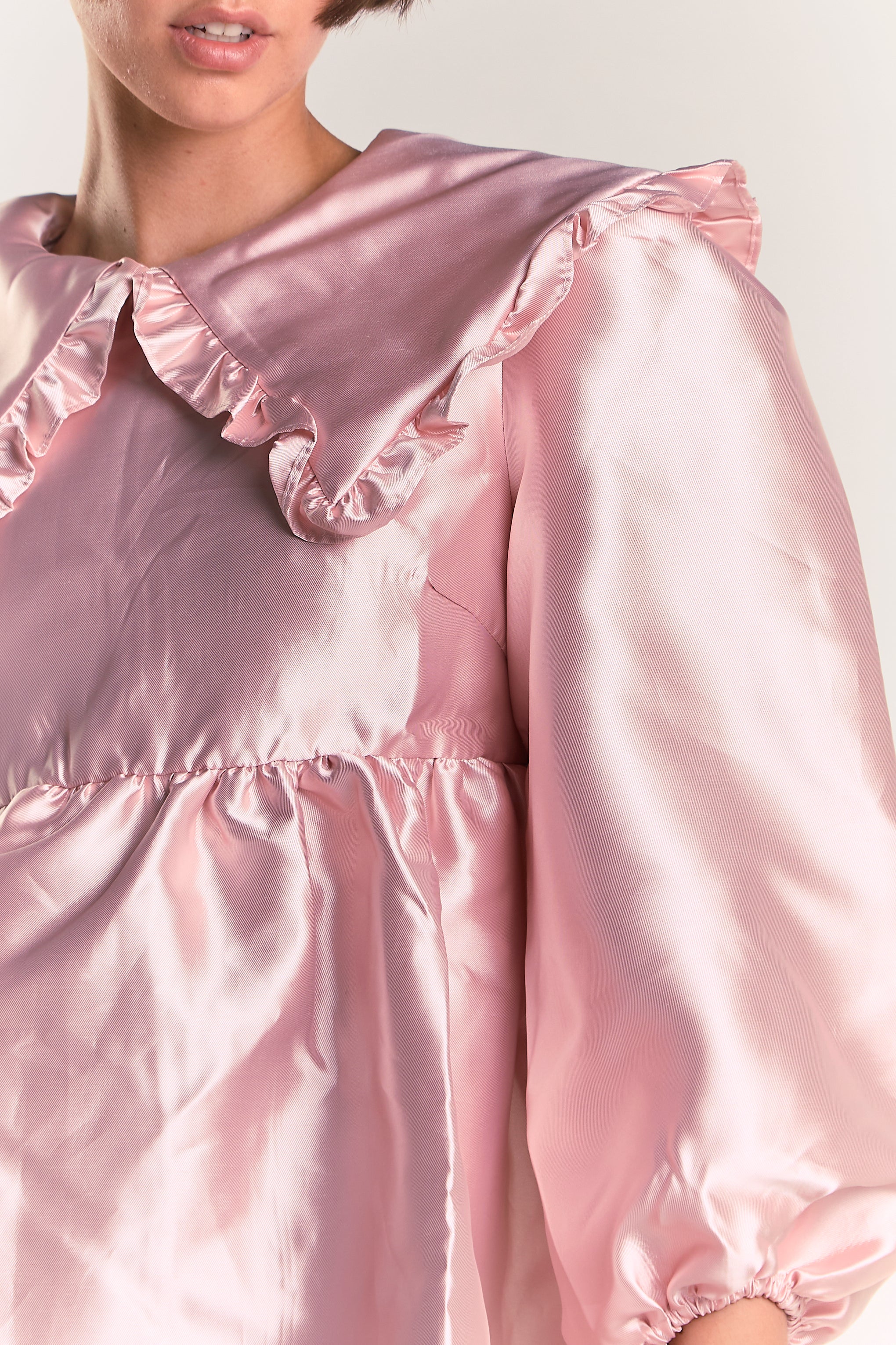 Glamorous Soft Pink Satin Statement Collar Mini Dress with Voluminous Sleeves - Image 7