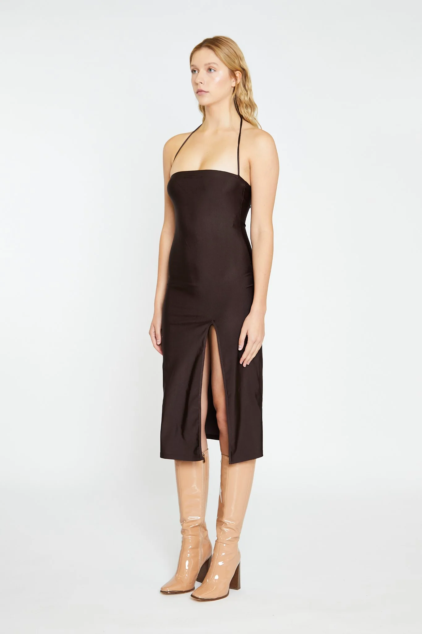 Dark Brown Square Halterneck Midi-Dress - Image 3