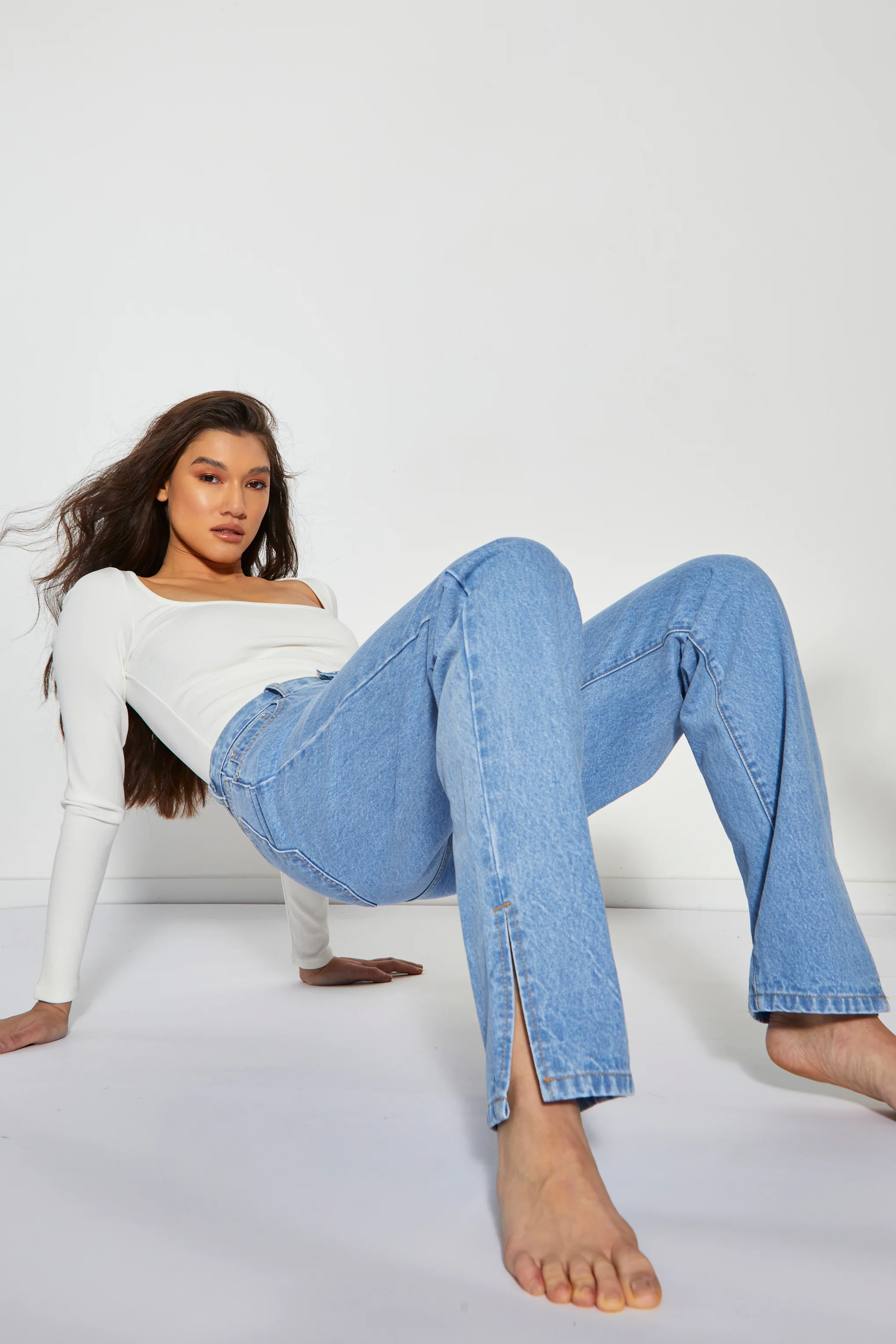 Glamorous Womens Bright Bleach Blue High Waisted Straight Leg Jeans with Side Split - Image 3