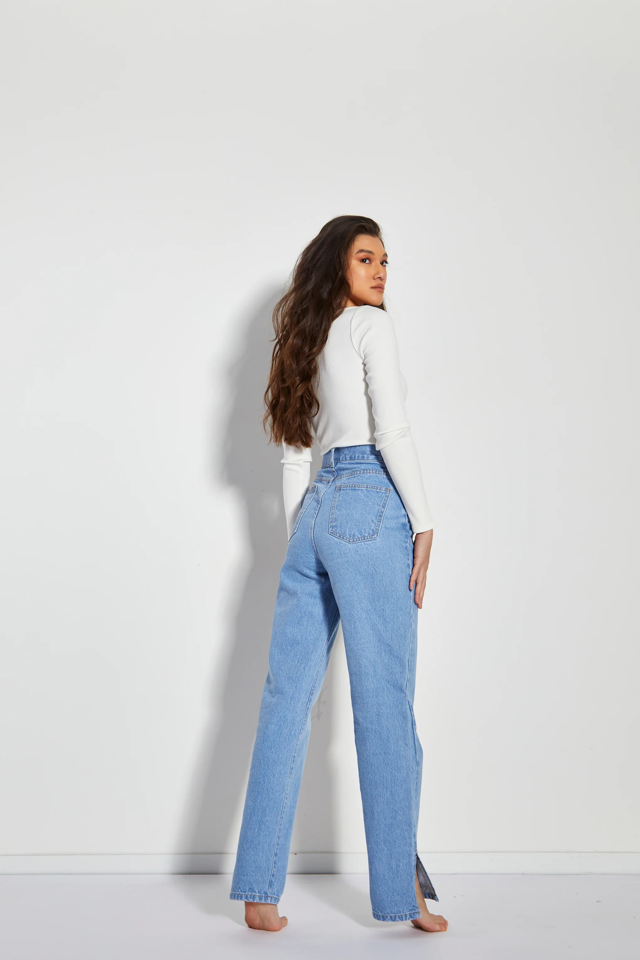 Glamorous Womens Bright Bleach Blue High Waisted Straight Leg Jeans with Side Split - Image 4