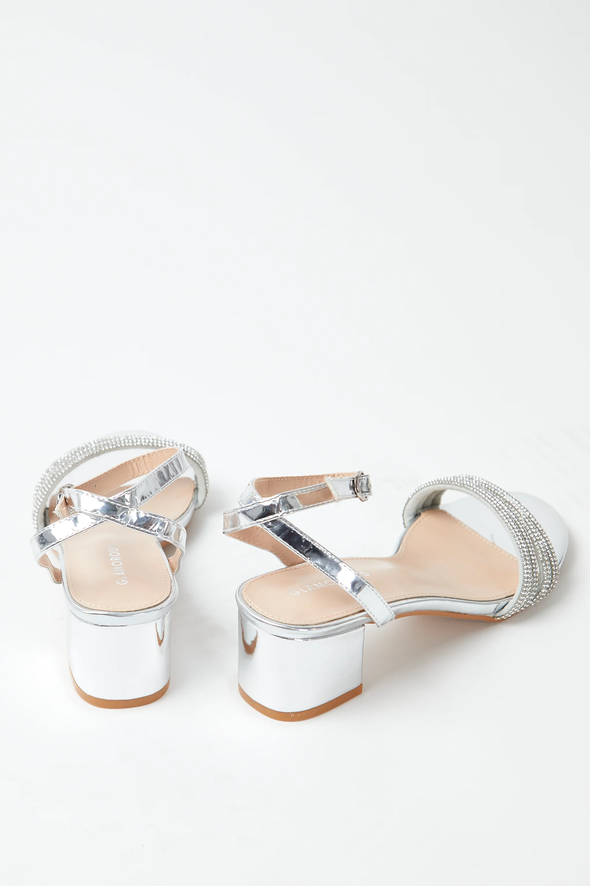 Glamorous Silver Low Block Heel Sandals - Image 3