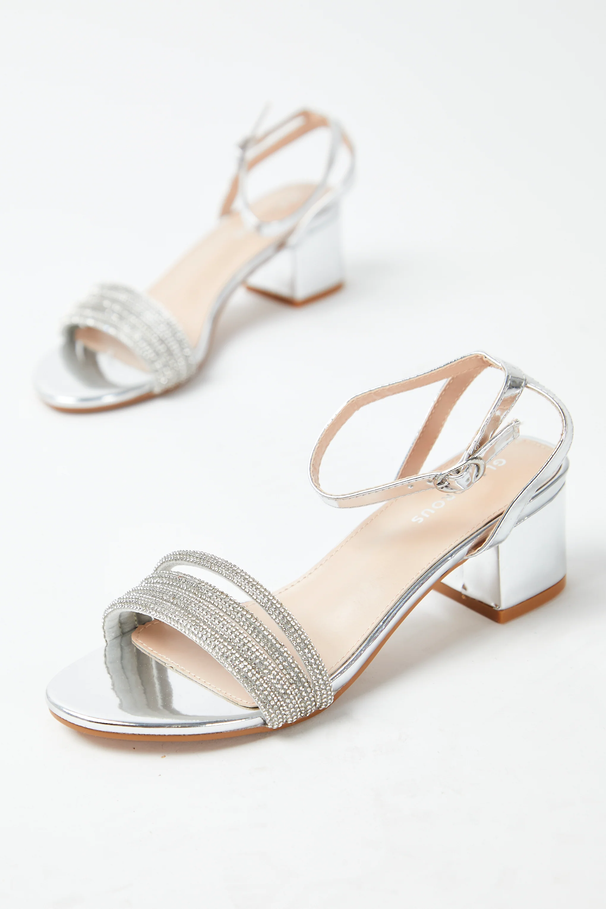 Glamorous Silver Low Block Heel Sandals - Image 4