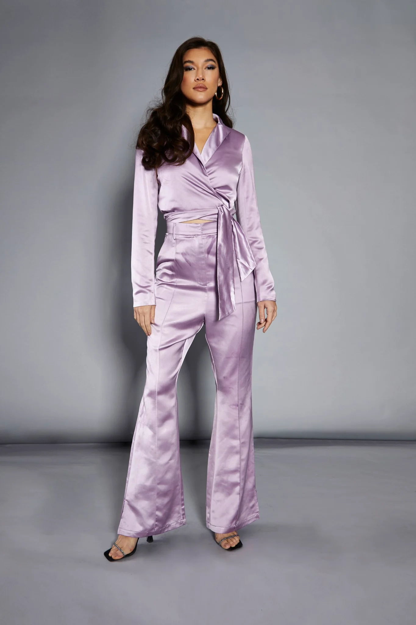 Glamorous Studio Lavender Satin Cropped Wrap Blazer - Image 3