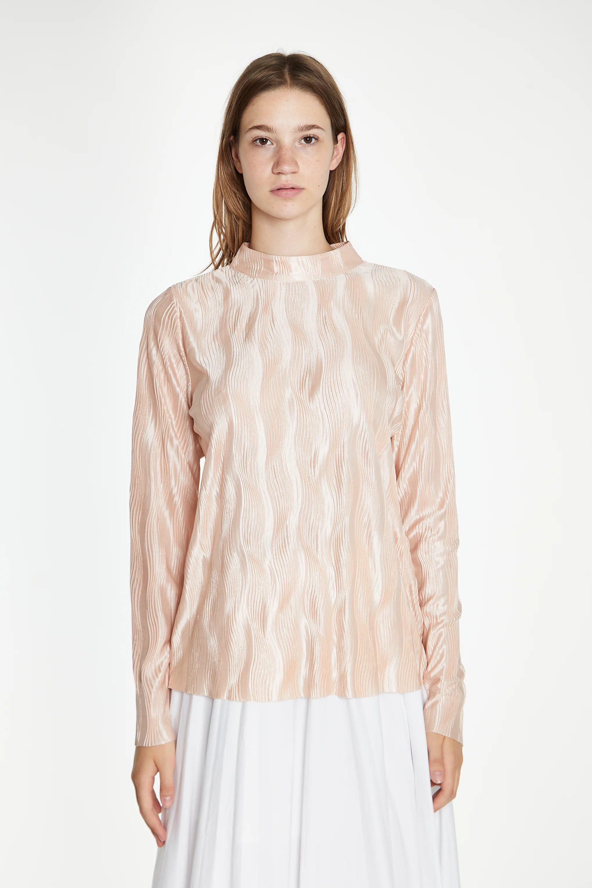 Nude Plisse Long-Sleeve High-Neck Top - Image 3