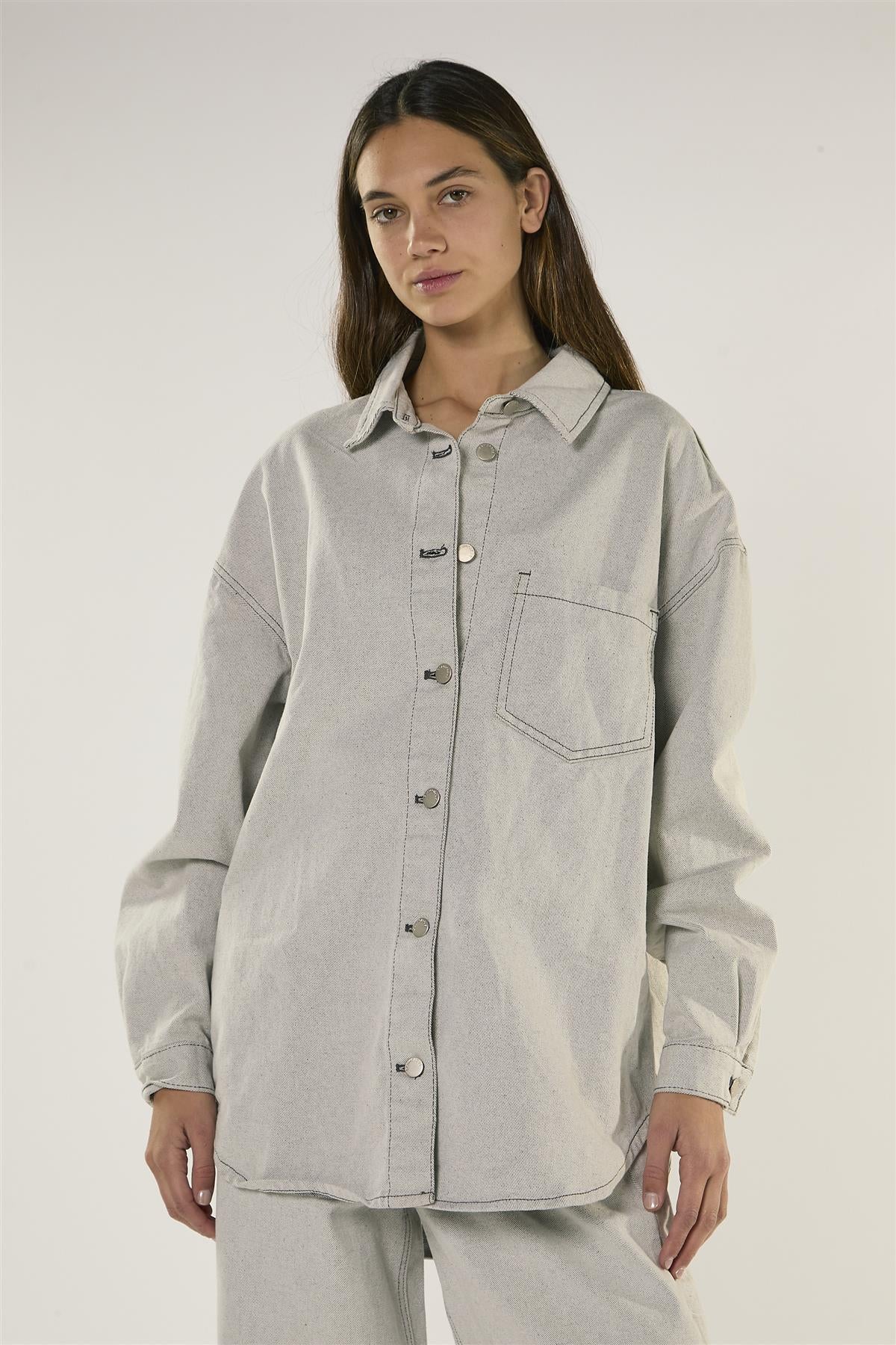 Light Grey Long Sleeve Denim Shirt with Snap On Buttons - Image 3