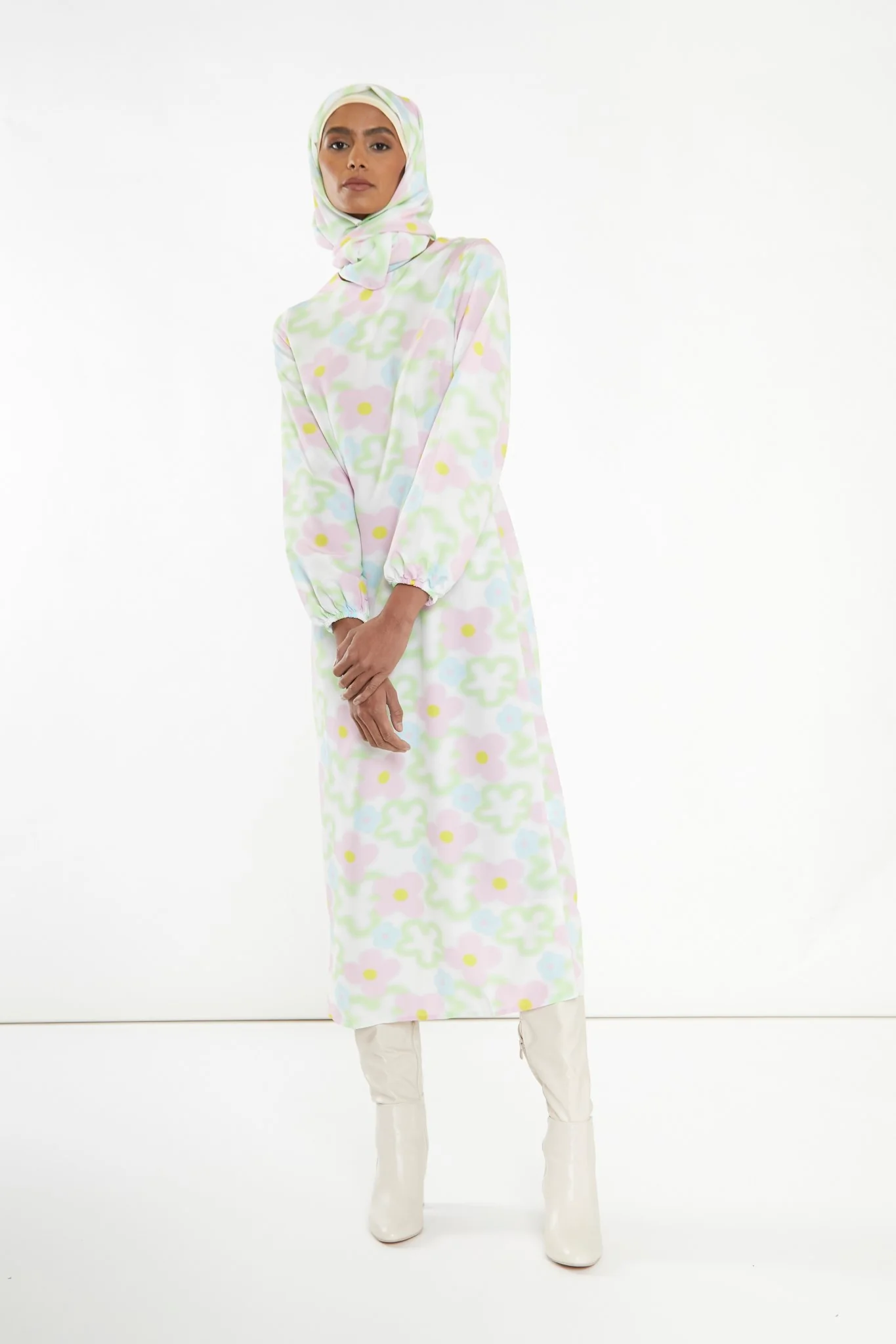 Multi Blurred Floral Long-Sleeve Midi-Dress - Image 3