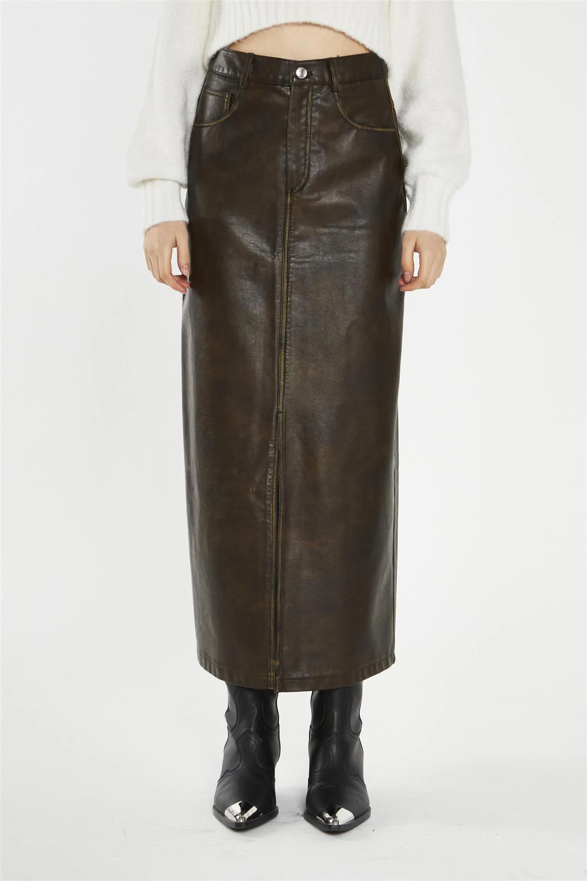 Olive-Brown Distressed-PU Straight Midi-Skirt - Image 3