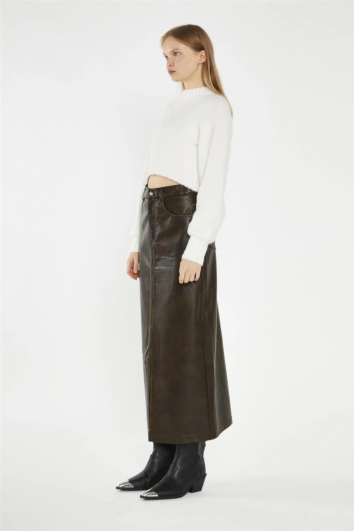 Olive-Brown Distressed-PU Straight Midi-Skirt - Image 4