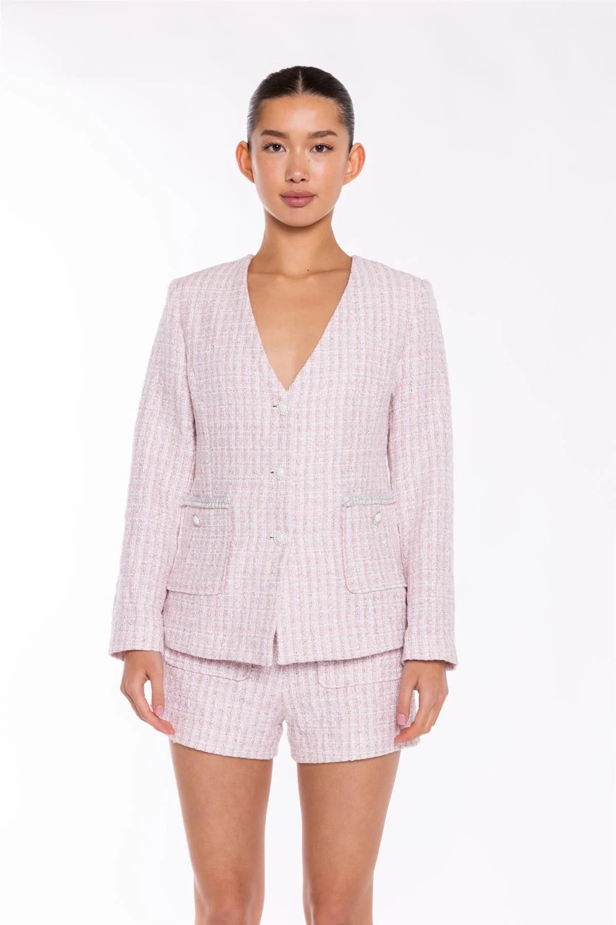 Pink-White Tweed Collarless -Blazer - Image 3