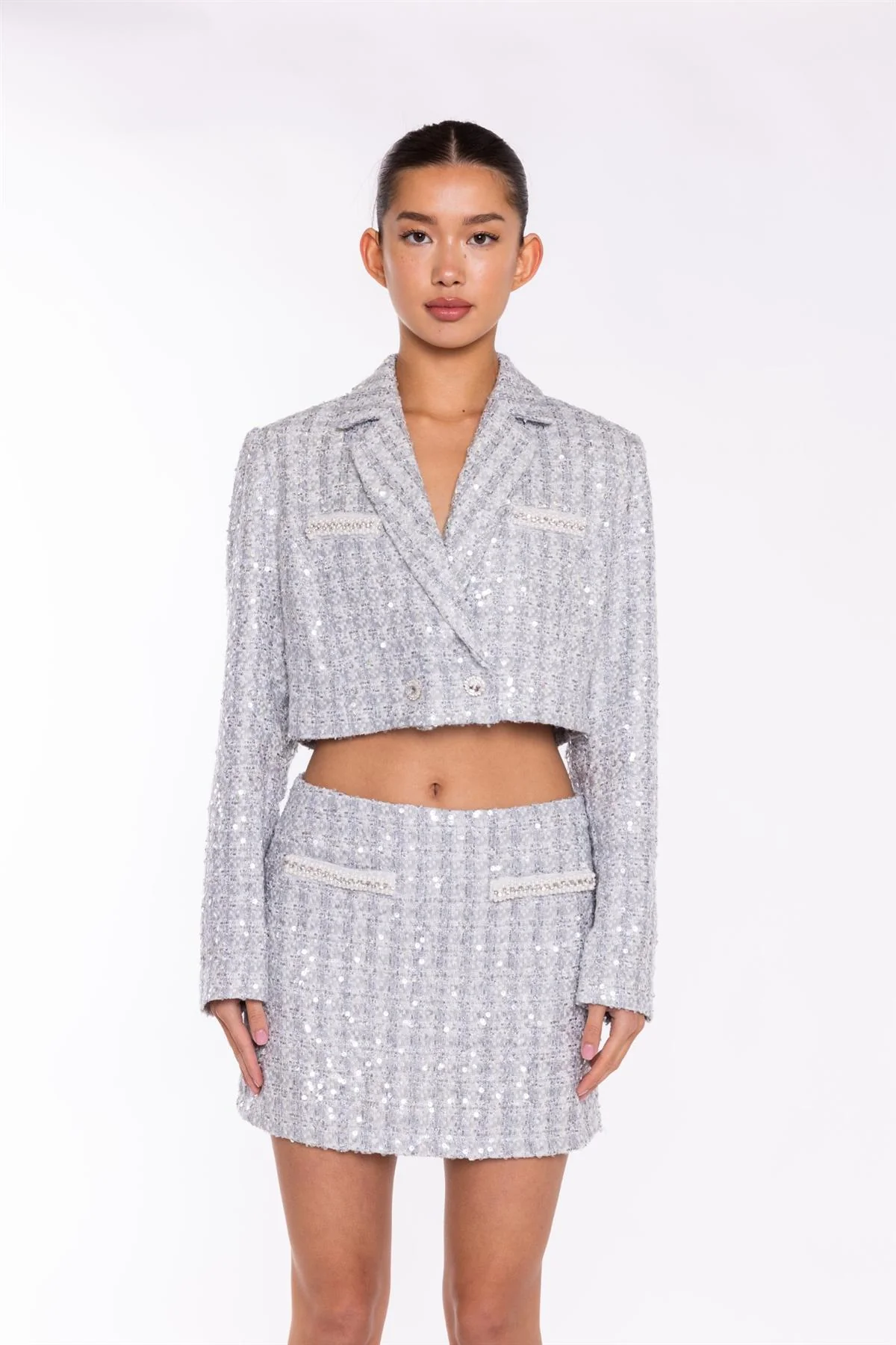 Silver-Tweed Double-Breasted Crop-Blazer - Image 3