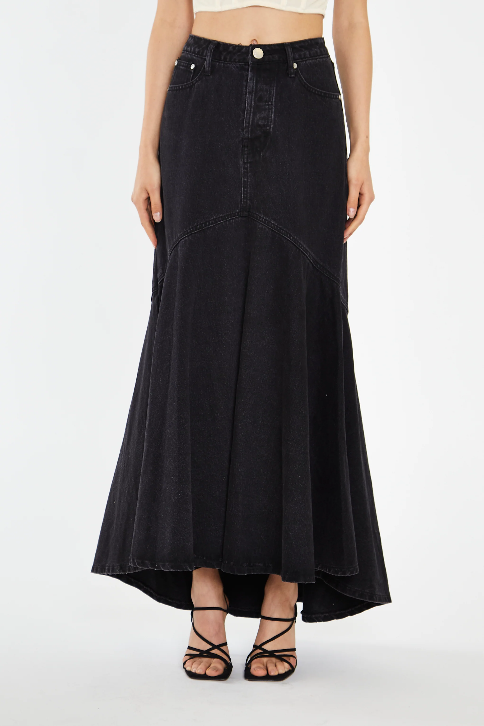 Washed Black Denim Fishtail Maxi-Skirt - Image 3