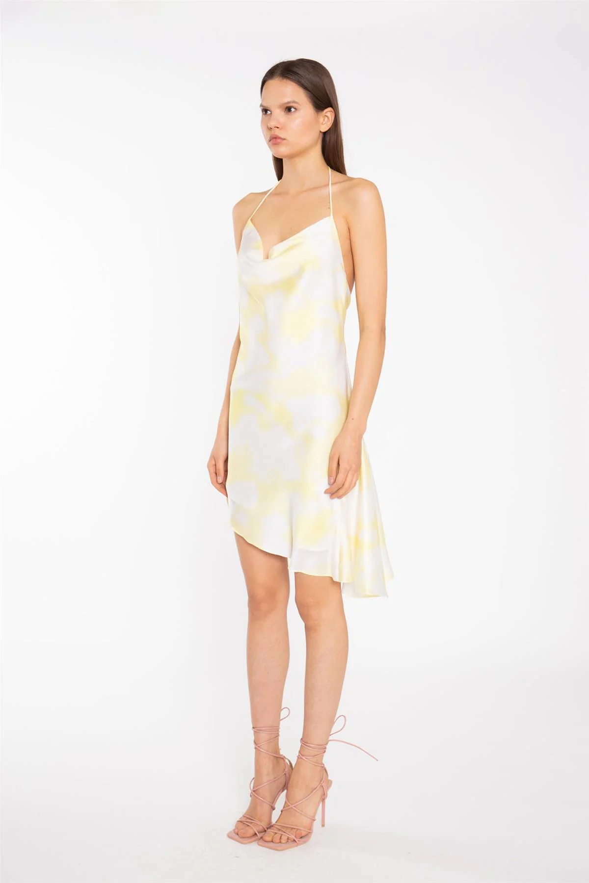 Yellow Print-Satin Asymmetric Cowl-Neck Mini-Dress - Image 4